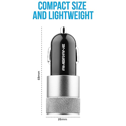 Ambrane 12W Fast Car Charger, Dual USB Output, Multi-Layer Protection, Fast Charging, Compatible with All Cars, Without Cable for All Mobiles & Other USB Enabled Devices (ACC74, Black & Silver) Ambrane 12W Fast Car Charger, Dual USB Output, Multi-Layer Protection, Fast Charging, Compatible with All Cars, Without Cable for All Mobiles & Other USB Enabled Devices (ACC74, Black & Silver)